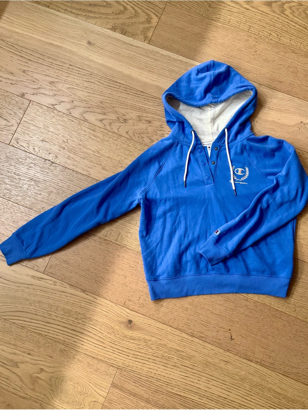 Champion Royal Blue Crest Snap Neck Pullover Hoodie White Lined Size M